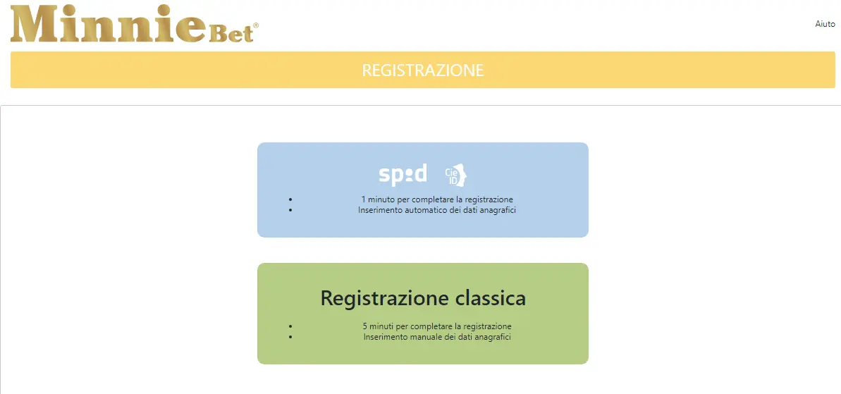 Schermata di registrazione Minniebet casino